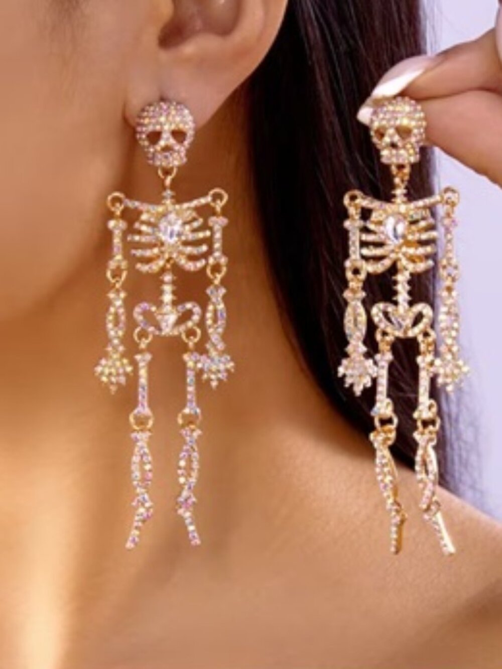 DESIGNER Goth Halloween Articulated Skeleton Gold Crystal Earrings**NEW!
